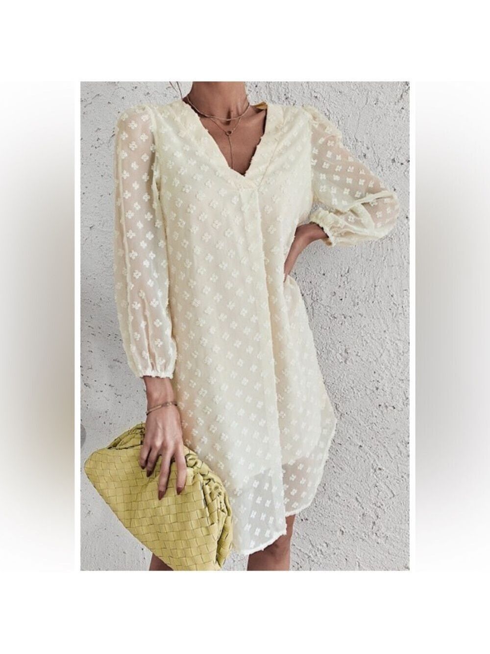 A Girl Thing Cream Swiss Dot V-Neck Long Sleeve Dress